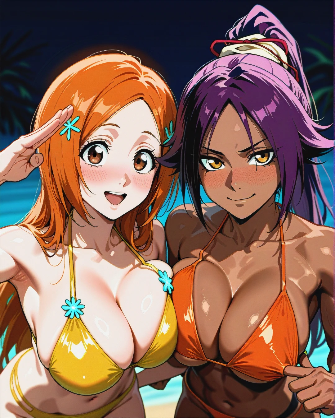 @shihouin_yoruichi and @inoue_orihime - (lesbians) (bisexual_female) (nose_blush) (presenting_breasts) (one_breast_out) (girls_side_by_side) (four_boobs) (pointing_forward) (two-finger_salute) (two_woman's) (arm_hug) (through_clothes) @inoue_orihime with @shihouin_yoruichi-muscles (object_on_pectorals) (bikini_pull) (pulling_each_other_bikinis)