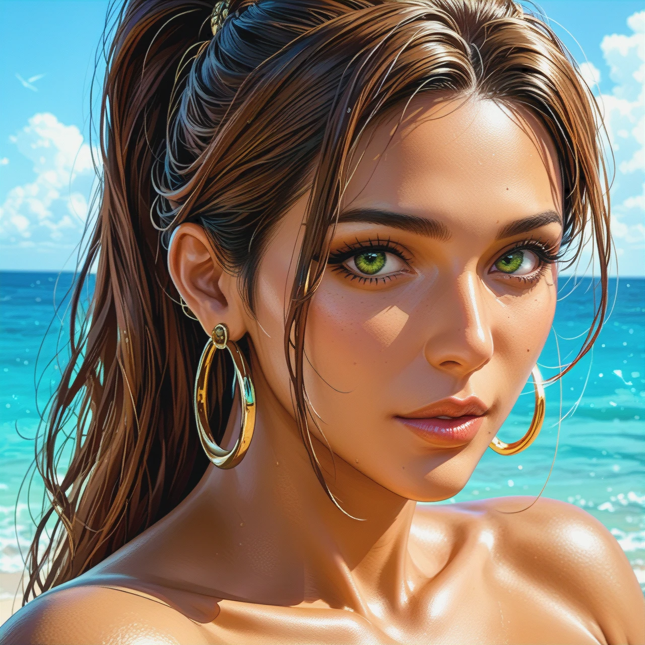 milf, Latina, exotic face, golden-green eyes, brown hair, ponytail, brown skin, hoop earrings, nude, face close-up, ocean background