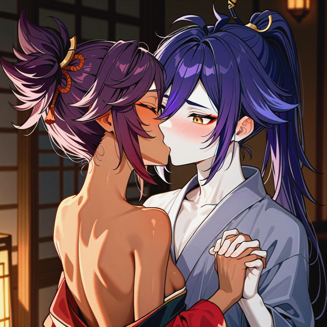 (kissing_neck), genshin impact characters, Banzoin Hakka, dark skin,  boy pale skin, pale boy, boy + girl,  kissing, purple hair , 2nd dark skin girl, (skinny), kimono (kimono_pull), ponitale, banzoin hakka, both visible, (shy), hair, pale male, dark skinned female, blush, (holding_hands), girl with two ponitale, blush girl