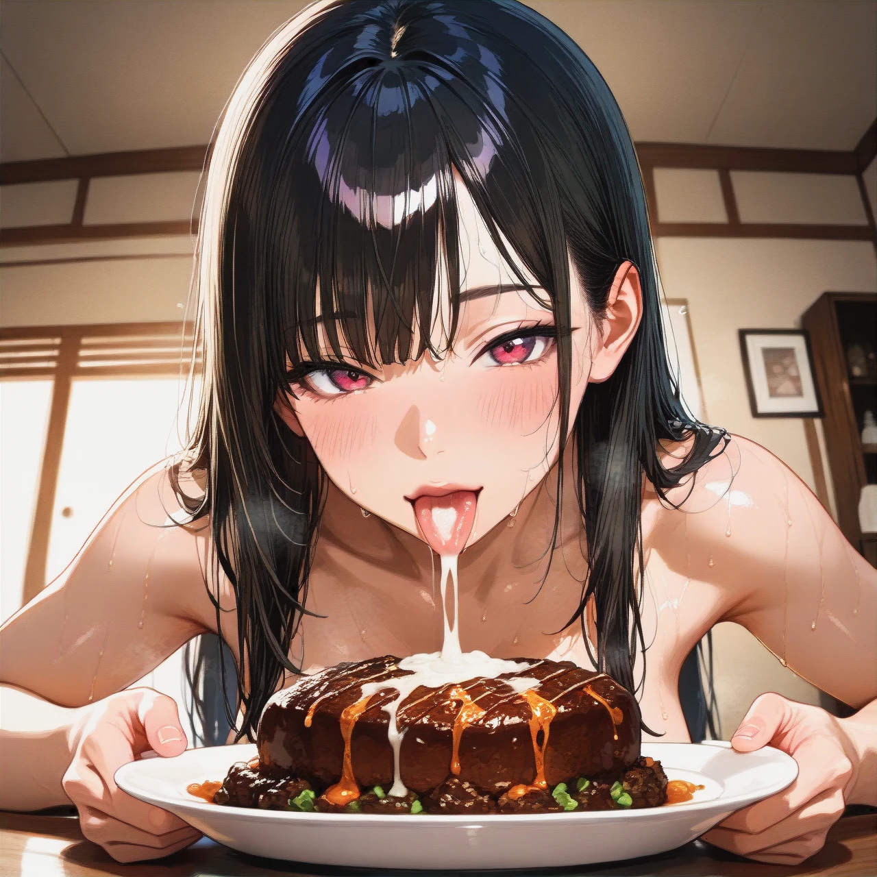 A beautiful and cute Japanese woman, a teenager, with long black hair flowing, Bedroom,  completely naked, sweaty, (cum_on_food) While cooking, spilling sperm on the cake