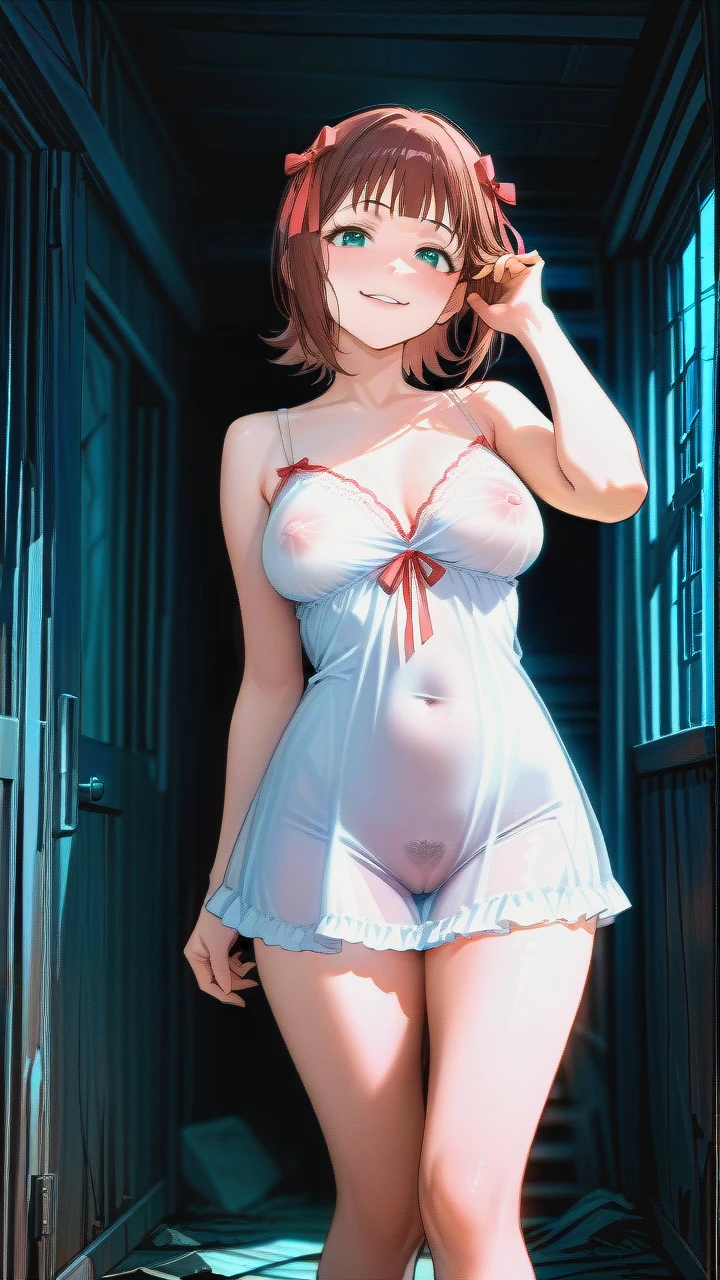 @amami_haruka , (evil_smile), a tight translucident nightgown, (covered_nipples), (covered pubic hair), (hair_tucking), stamding, legs, in an abandoned house, night, highly detailed