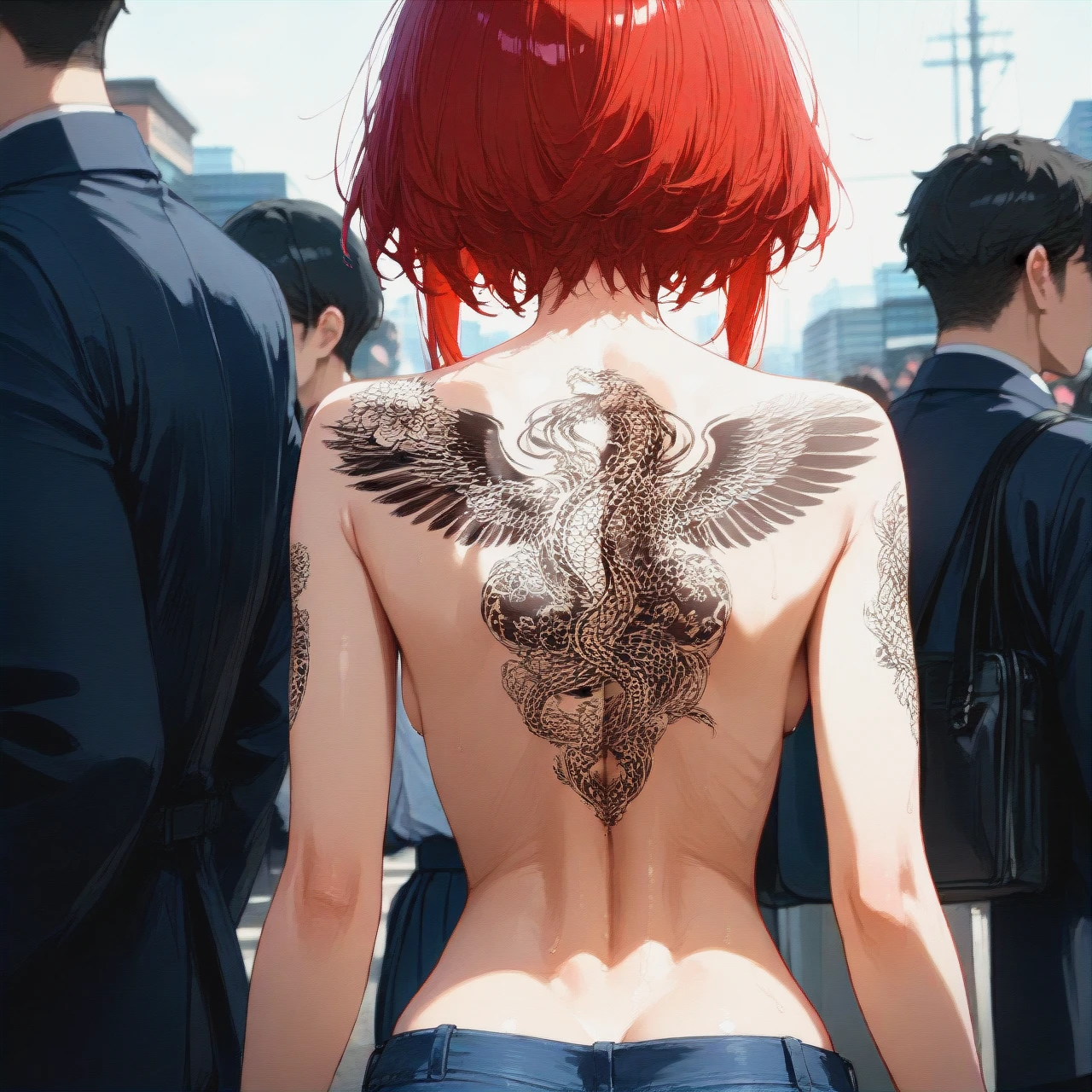 Red hair, lower back,(backboob) ,tattoo, (skinny) , in public, butt