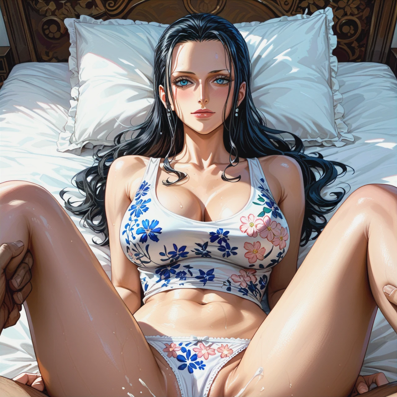 Nico Robin,mature, missionary ,on bed, pulled up crop tank top white floral, panties,floral, , pulled back hairstyles, show up chest