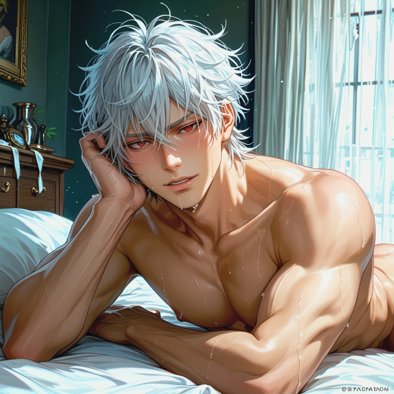 @sakata_gintoki in bed, naked, male body, man, solo, gay, adult, sex