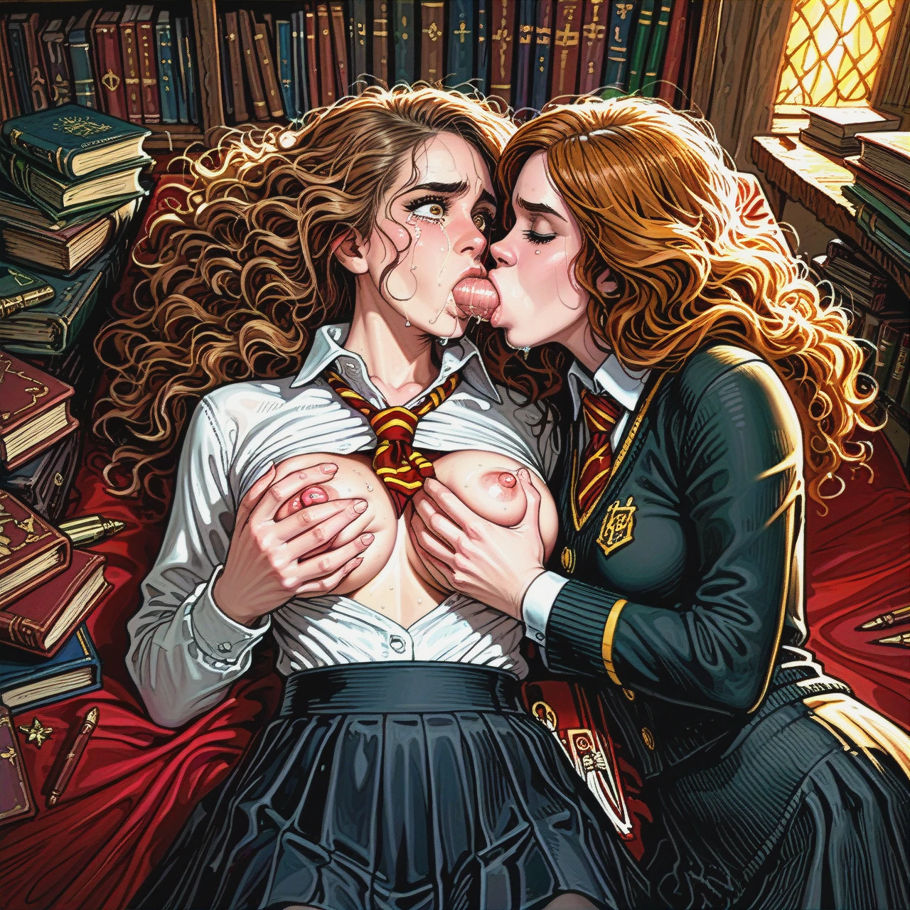 hermione @hermione_granger, school uniform, huge tits, bondage, library, lying on back, huge cock, (breast_sucking), (groping), afraid, crying, @harry_potter