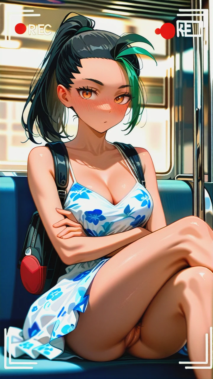 (vagina) (skinny) (seductive_sitting) (open_dress) (puffy_pussy) (black_backpack) (updress) (knees_skirt) (train) (crossed_legs) (distracted) (pointy_breasts) (dutch_angle) (crowded_train) (surprised) (looking_down) (blur_behind) (shadow_silhouettes_behind) (recording) (creepshot_style) (candid) (dot_mouth) (confused) (phone_recording) (pussy_focus) (suspicious_eyebrows) (nose_blush) (floral_dress) (hidden_camera_shot) (cleavage) (pussy_with_pubic_hair) (thinking) (wide_shot) @nemona (crossed_legs) (crossed_arms) (underthighs) (ultra_detailed)