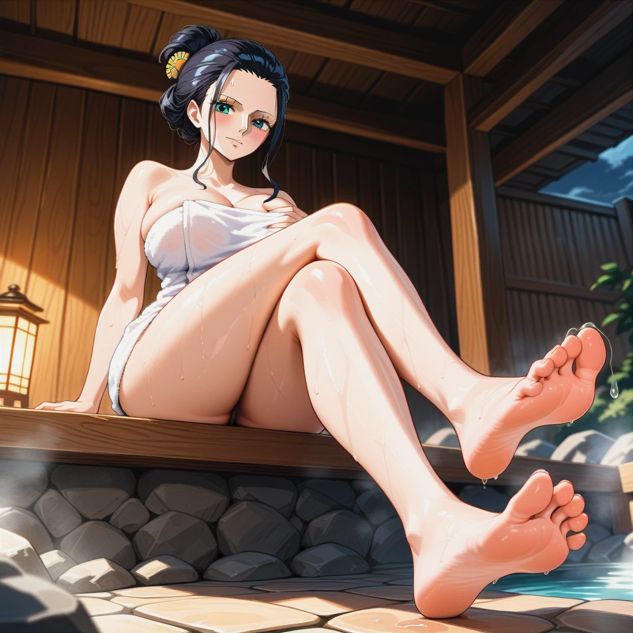 onsen, sole male, sole female, towel,  pulled back hairstyle, @nico_robin , (crossed_legs), interracial, precum, full body perspective, one piece artstyle, (grabbing) , (facial)