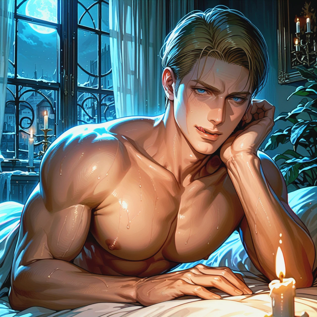 @erwin_smith  in bed, erotic, naked, male body, man, solo, gay, licking lips, candlelight, night, adult, masculine