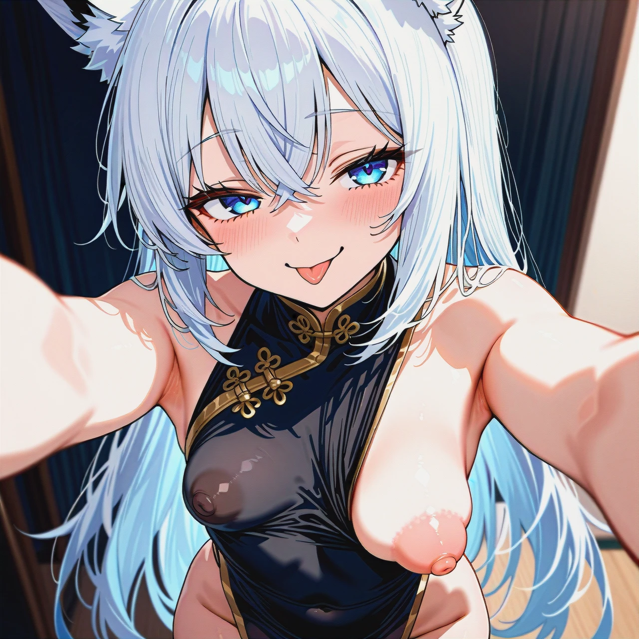 (full_body), fox_girl, selfie, (smug), (blush), (tongue_out), black_chinese_dress, sleeveless, pelvic_curtain, (dress_pull), (one_breast_out), (eyelashes), white_hair, crossed_bangs, inner_ear_fluff, (blue_eyes), (flat_chest), (sagging_breasts), (puffy_nipples), (large_areolae)