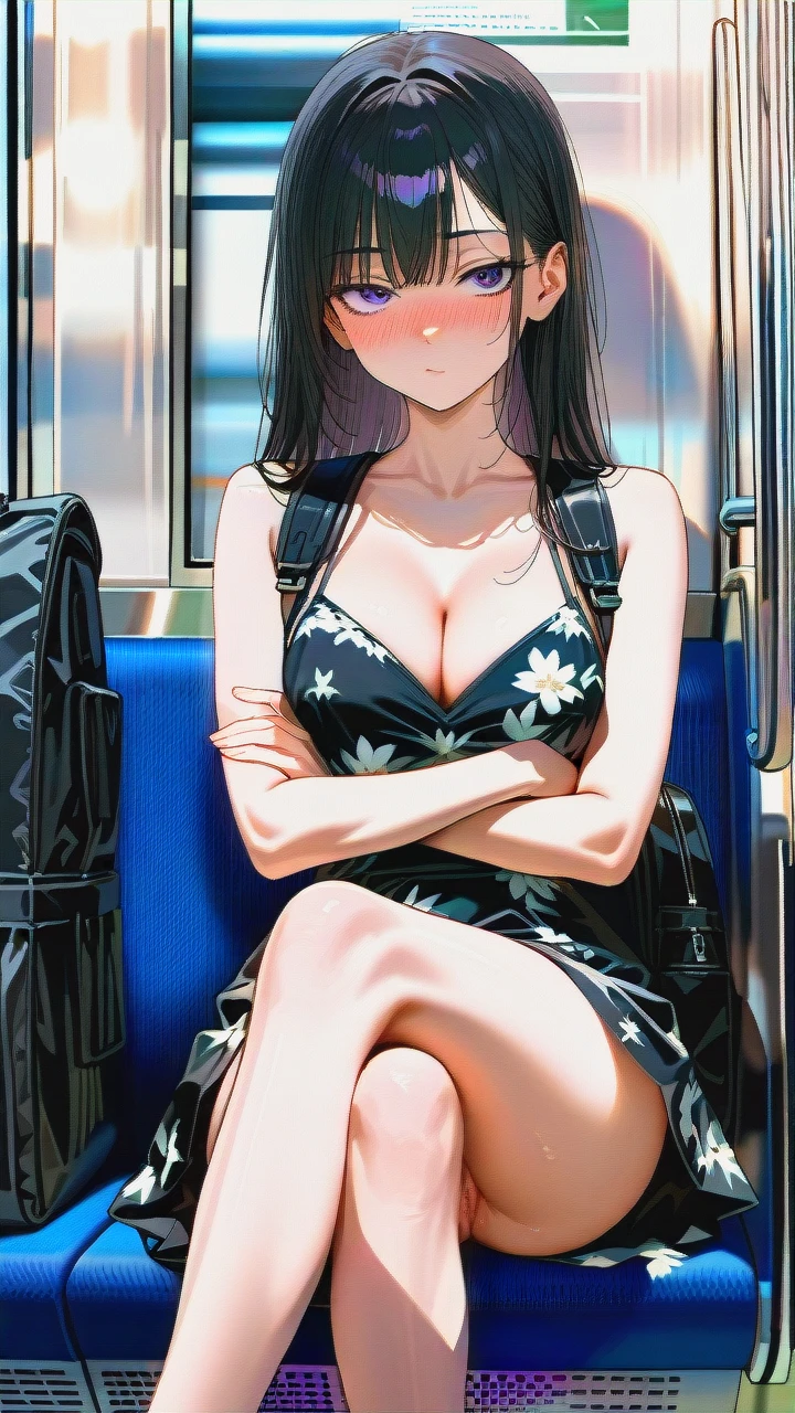 (vagina) (skinny) (seductive_sitting) (open_dress) (puffy_pussy) (black_backpack) (updress) (knees_skirt) (train) (crossed_legs) (distracted) (pointy_breasts) (dutch_angle) (crowded_train) (surprised) (looking_down) (blur_behind) (shadow_silhouettes_behind) (dot_mouth) (confused) (pussy_focus) (nose_blush) (floral_dress) (cleavage) (pussy_with_pubic_hair) (thinking) (crossed_legs) (crossed_arms) (underthighs) (ultra_detailed) (HD) (cute_anime) (from_below) (ass_focus) (sideways) (mans_in_suits_everywhere)