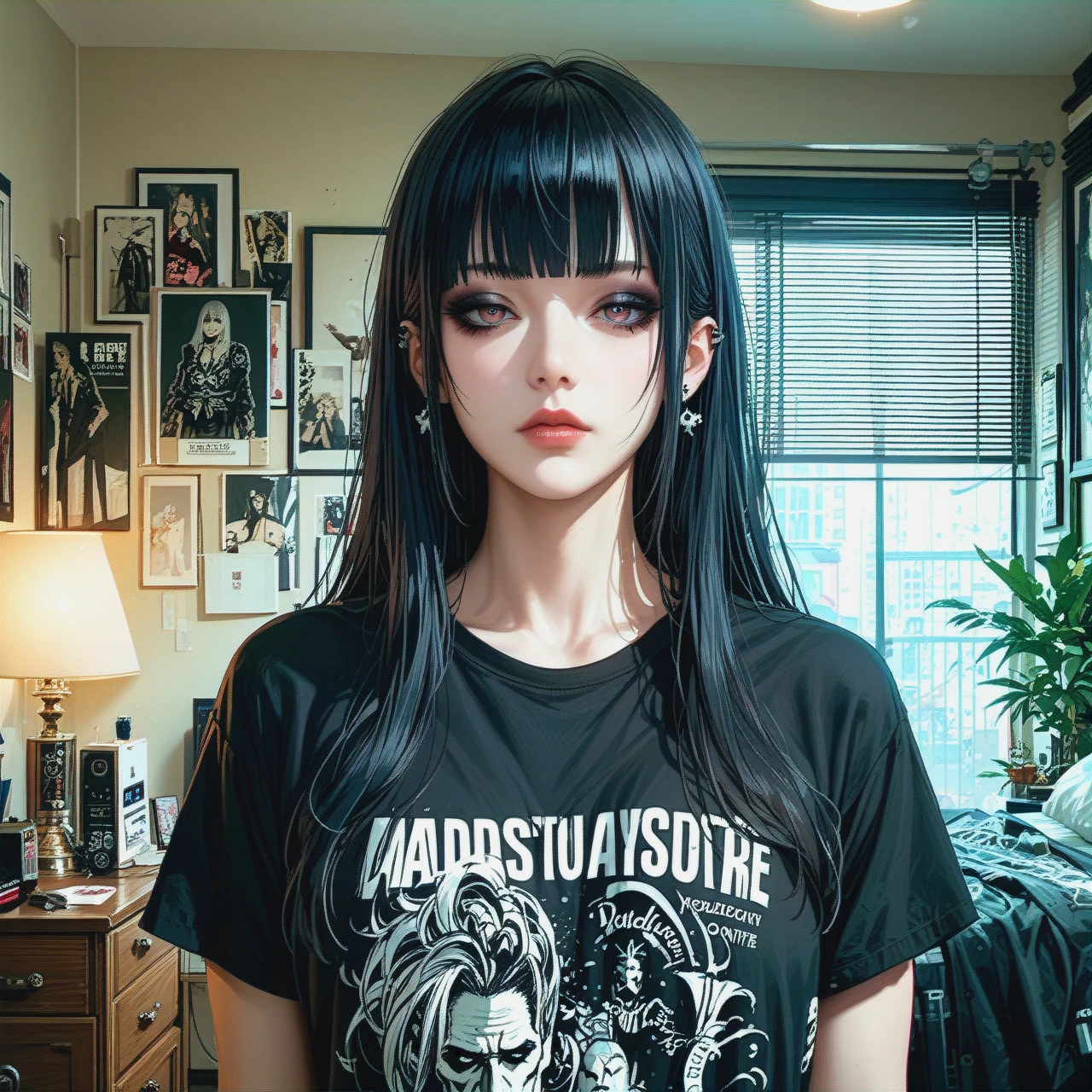 Goth girl, Daddy t-shirt, (long straight hair with bangs), apartment