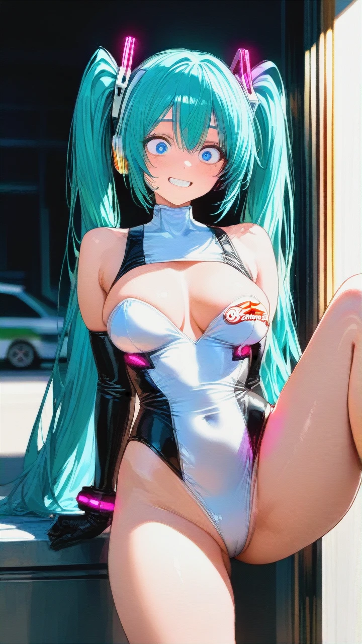 @racing_miku (clenched_teeth_smile) (wide-eyed) (v) (v) (legs_apart) (standing_on_one_leg) (beautiful) (nasty) (double_v) (full-face)