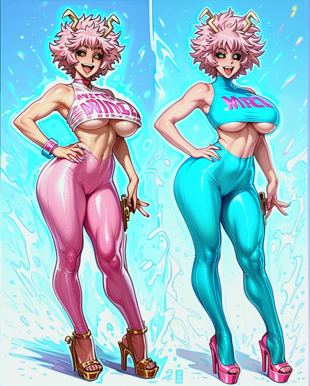 Mina Ashido, bimbo, slutty, large breasts, skinny waist, large ass, thick thighs, full costume, underboob, skin tight clothes, mouth wide open, tongue out, smiling, pointing at own mouth, full body view