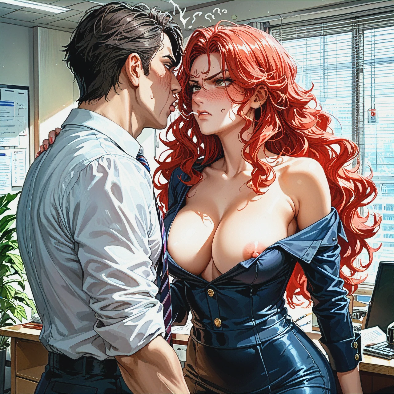 Red hair, wavy hair, office, (nipple_slip) , (breast_sucking) , 1 boy, 1 girl, nipple in mens mouth, (disgust), (full_blush), (sideways_glance) , standing, sweated, sigh