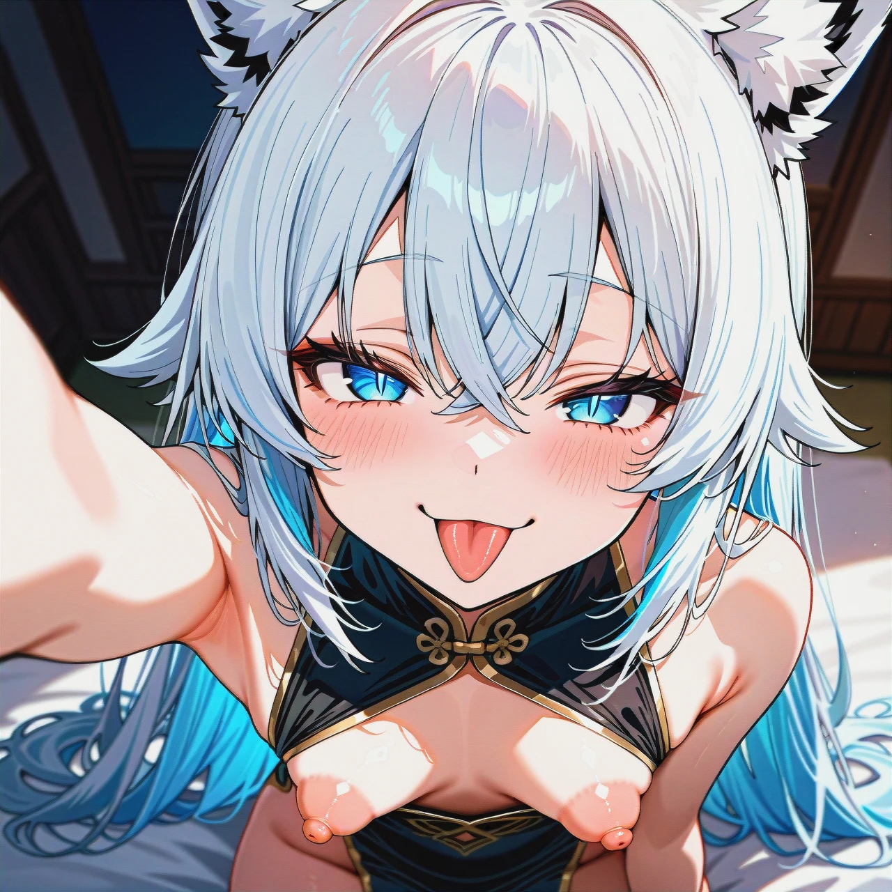 (full_body), fox_girl, selfie, (smug), (blush), (tongue_out), black_chinese_dress, sleeveless, pelvic_curtain, down_blouse, (one_breast_out), (eyelashes), white_hair, shoulder_length_hair, crossed_bangs, inner_ear_fluff, (blue_eyes), (slit_pupils), white_pupils, (flat_chest), (sagging_breasts), (puffy_nipples), (large_areolae)