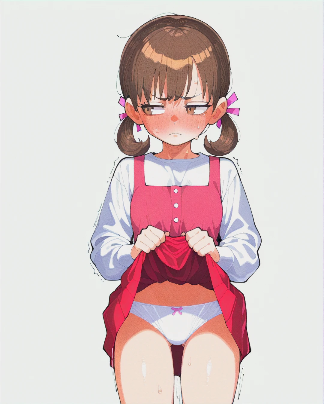 , inkercomics, @dojima_nanako, (embarrassed), frown, (skirt_lift), white panties, white blank background, eyes looking away, brown eyes,