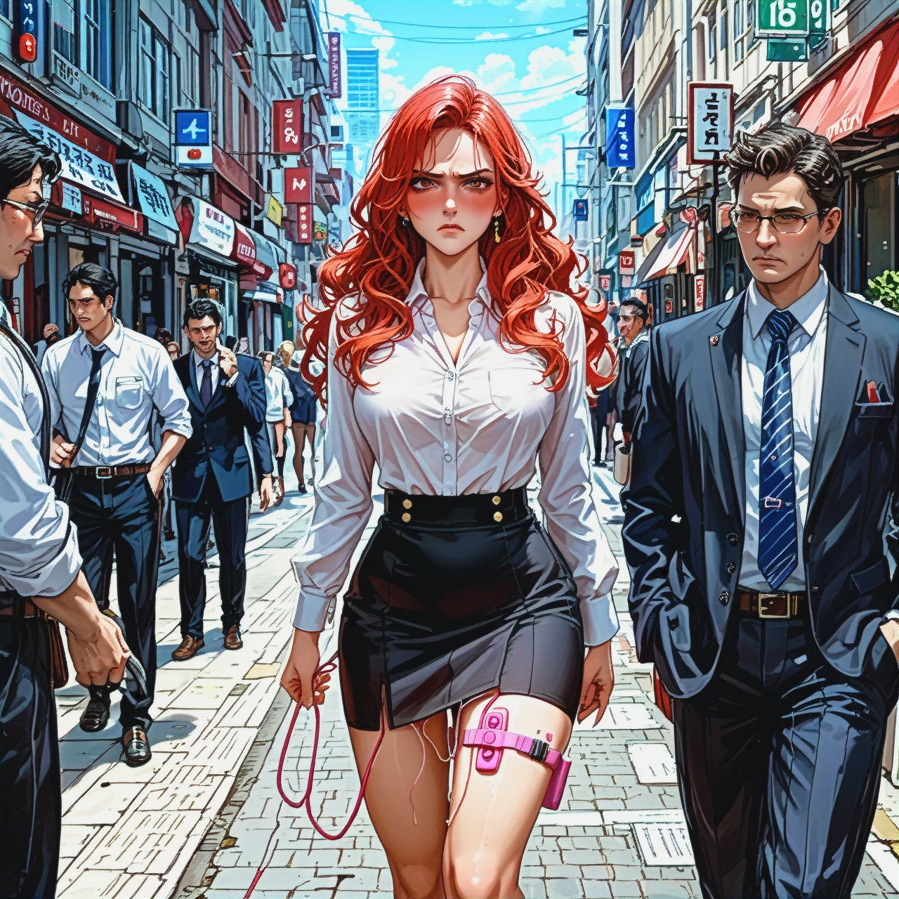 Red hair, wavy hair, office, in public, (humiliation), (public_vibrator) , 1 boy, 1 girl, (disgust), (full_blush), (sideways_glance) , (walking) sweated, sigh