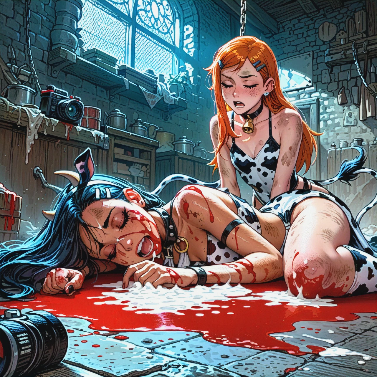 2 girls, nagatoro and gwen ben 10, one next other,  dirty, skinny, petite, adorable, tied up, in the floor, alone, open mouth, cow costume, covered cum, drip cum, after fucked, dungeon, red paint, sleeping, dirty, low camera angle