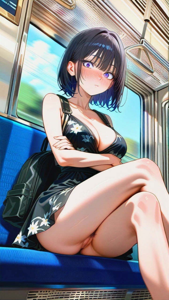 (vagina) (skinny) (seductive_sitting) (open_dress) (puffy_pussy) (black_backpack) (updress) (knees_skirt) (train) (crossed_legs) (distracted) (pointy_breasts) (dutch_angle) (crowded_train) (surprised) (looking_down) (blur_behind) (shadow_silhouettes_behind) (dot_mouth) (confused) (pussy_focus) (nose_blush) (floral_dress) (cleavage) (pussy_with_pubic_hair) (thinking) (crossed_legs) (crossed_arms) (underthighs) (ultra_detailed) (HD) (cute_anime) (from_below) (ass_focus) (sideways) (mans_in_suits_everywhere) (female_focus)