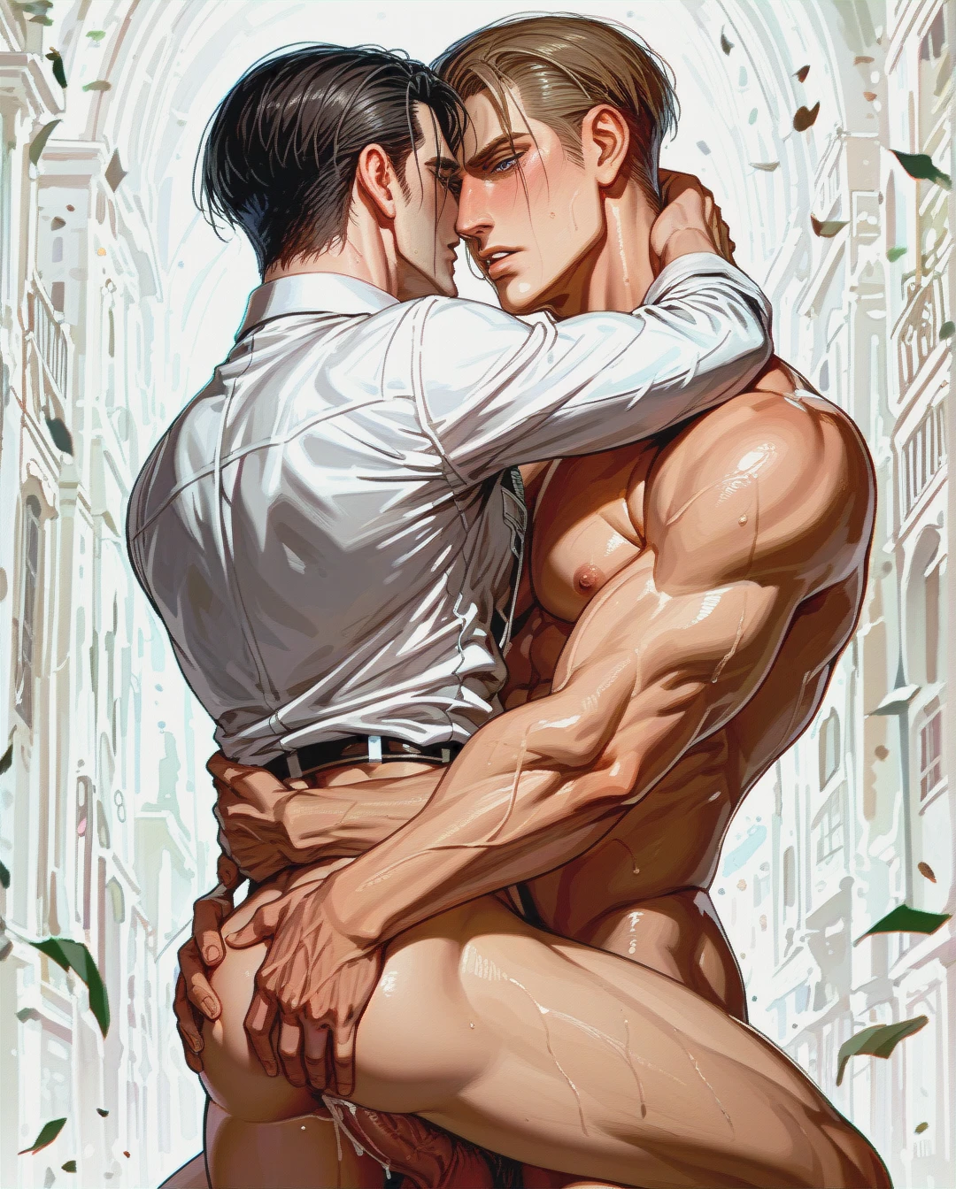 Two men, gay, @erwin_smith and levi, having sex, male body, full view, penis, yaoi, size difference, strong, (reach-around) , attack on titan, (sex_from_behind) ,