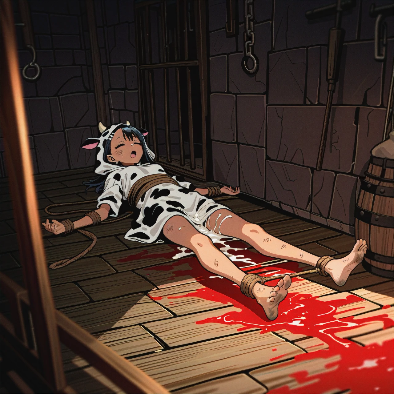 2 girls, nagatoro and gwen ben 10, one next other,  dirty, skinny, petite, adorable, tied up, in the floor, alone, open mouth, cow costume, covered cum, drip cum, after fucked, dungeon, red paint, sleeping, dirty, low camera angle