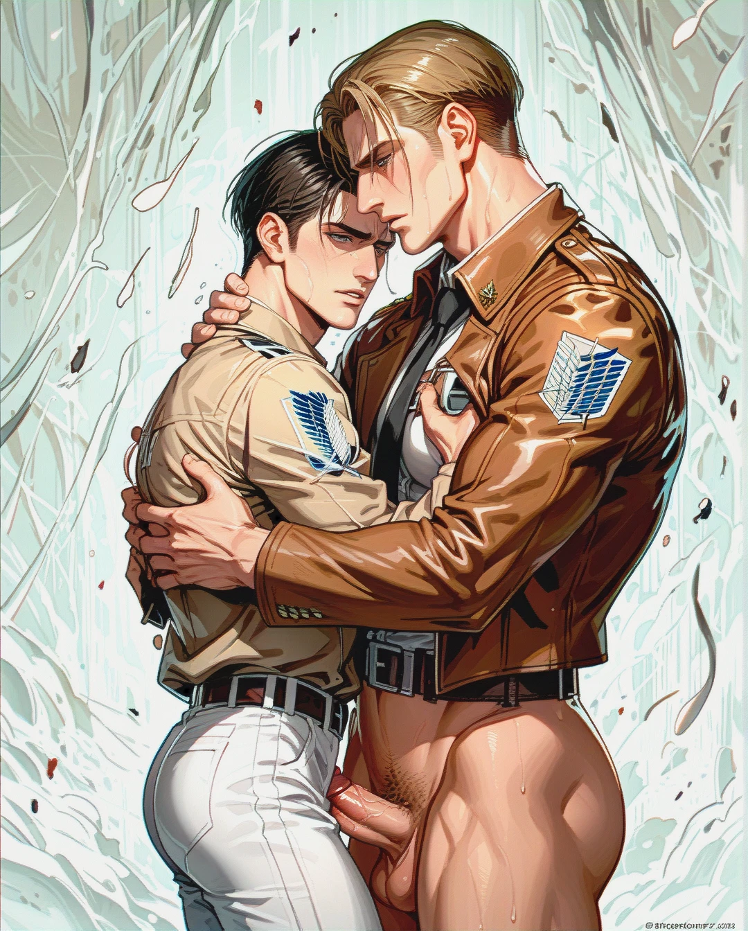 Two men, gay, @erwin_smith and levi, having sex, male body, full view, penis, yaoi, size difference, strong, (reach-around) , brown jacket, attack on titan