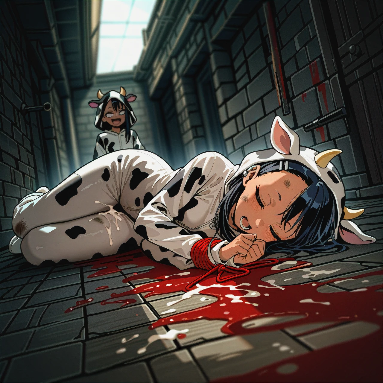 2 girls, nagatoro and gwen ben 10, one next other,  dirty, skinny, petite, adorable, tied up, in the floor, alone, open mouth, cow costume, covered cum, drip cum, after fucked, dungeon, red paint, sleeping, dirty, low camera angle