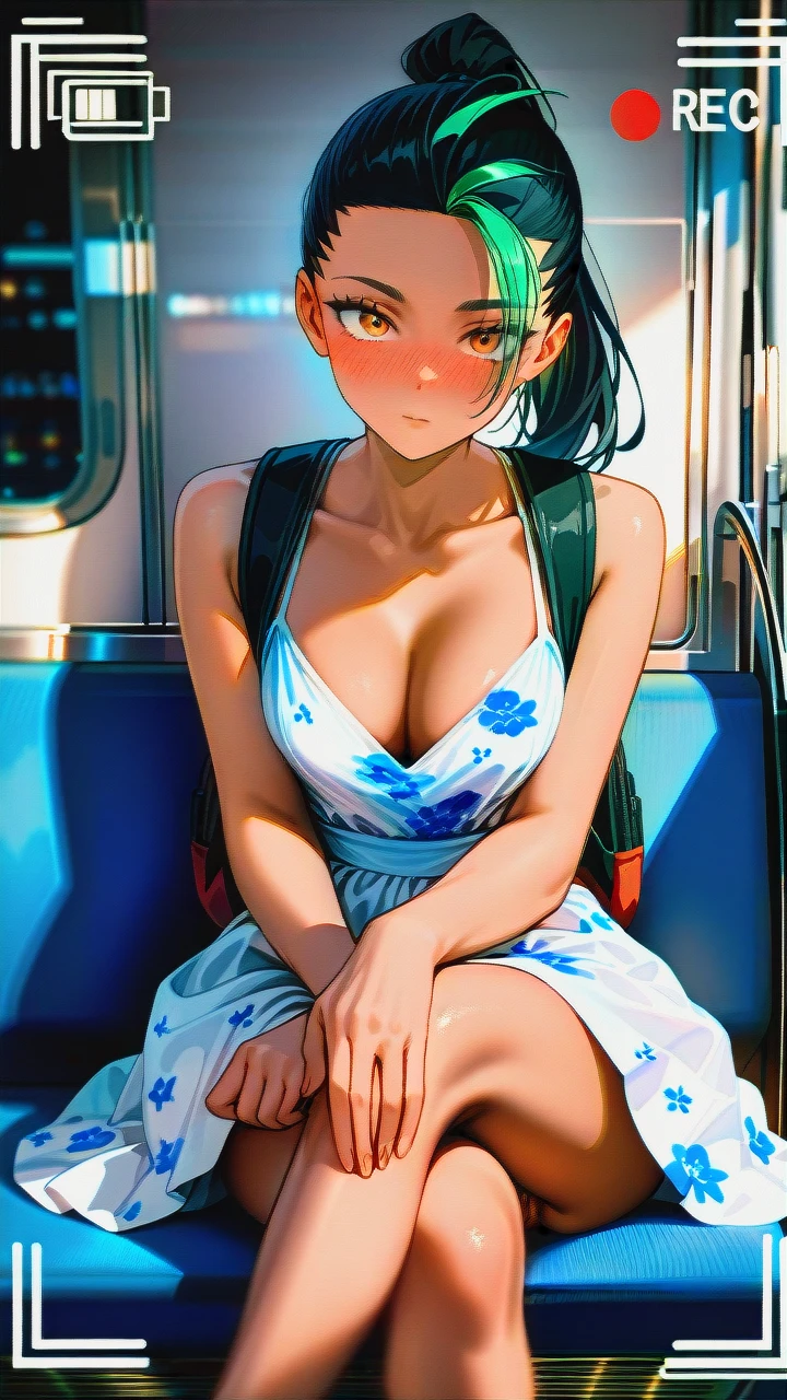 (vagina) (skinny) (seductive_sitting) (open_dress) (puffy_pussy) (black_backpack) (updress) (knees_skirt) (train) (crossed_legs) (distracted) (pointy_breasts) (dutch_angle) (crowded_train) (surprised) (looking_down) (blur_behind) (shadow_silhouettes_behind) (recording) (creepshot_style) (candid) (dot_mouth) (confused) (phone_recording) (pussy_focus) (hand_on_own_knee) (suspicious_eyebrows) (nose_blush) (floral_dress) (hidden_camera_shot) (cleavage) (pussy_with_pubic_hair) (thinking) (wide_shot) @nemona (crossed_legs) (tanned) (crossed_arms)