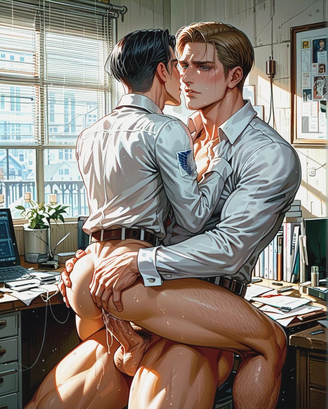 Two men, (gay), @erwin_smith and levi, gays, having sex, male body, full view, penis, gay sex, size difference, (reach-around), dark office