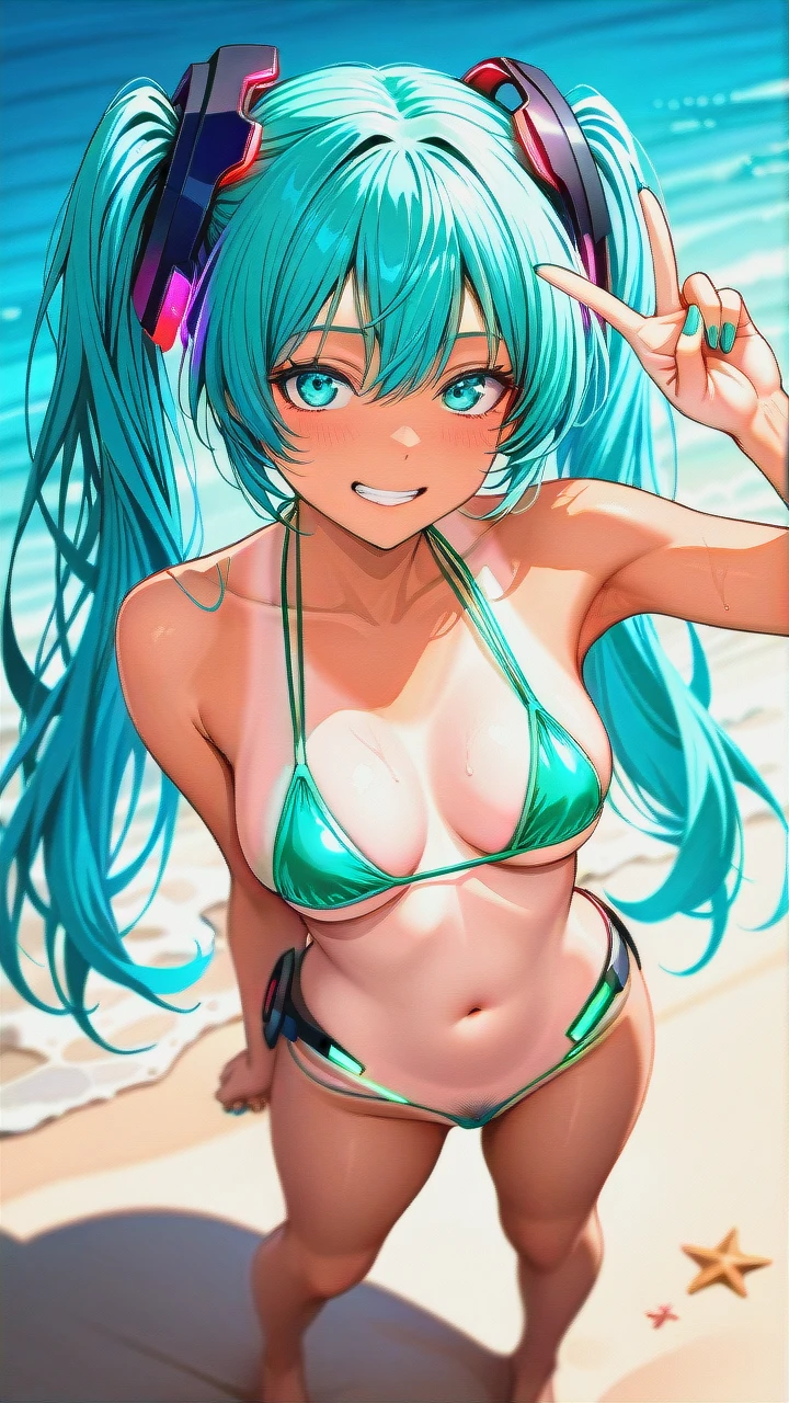 nasty-tanline,(full_body) ,(v),@hatsune_miku (clenched_teeth_smile) (pubic_hair) (Brazilian_bikini) (beach_sand_blue-sky_ocean) (standing) (bikini) (legs_apart) (micro-bikini)