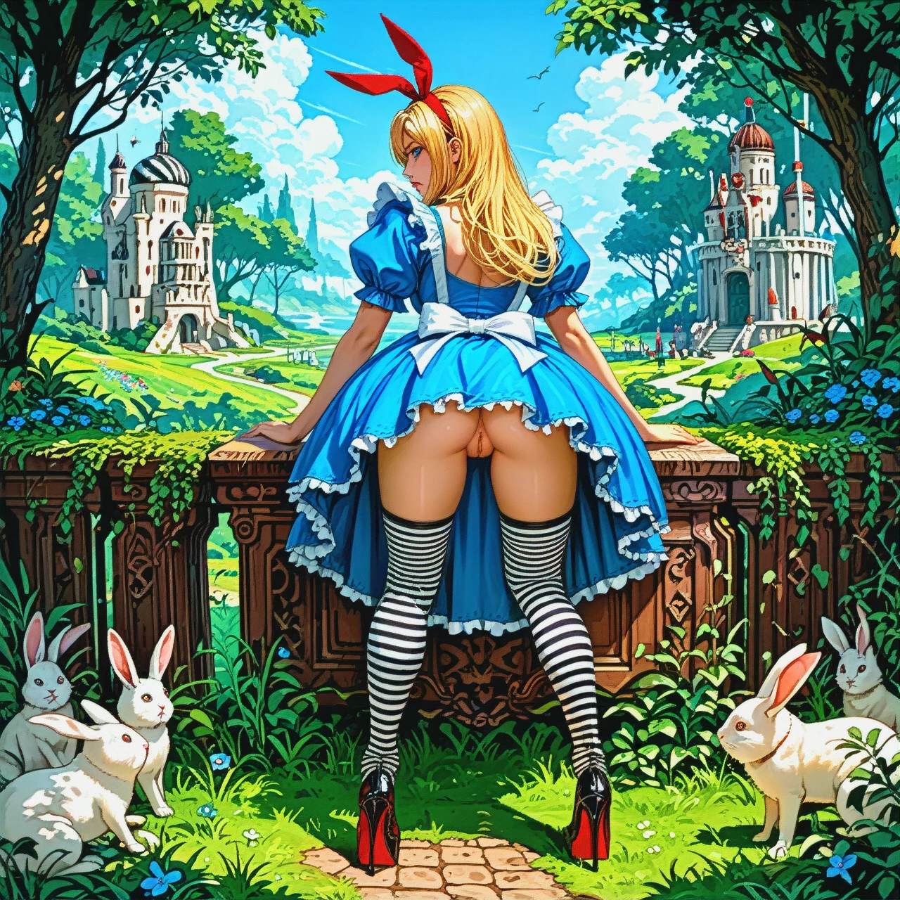 @alice  Alice climbs into a rabbit hole, crawls on her knees, panties shifted, vagina is visible, striped stockings, high-heeled shoes, outdoors, rear view.