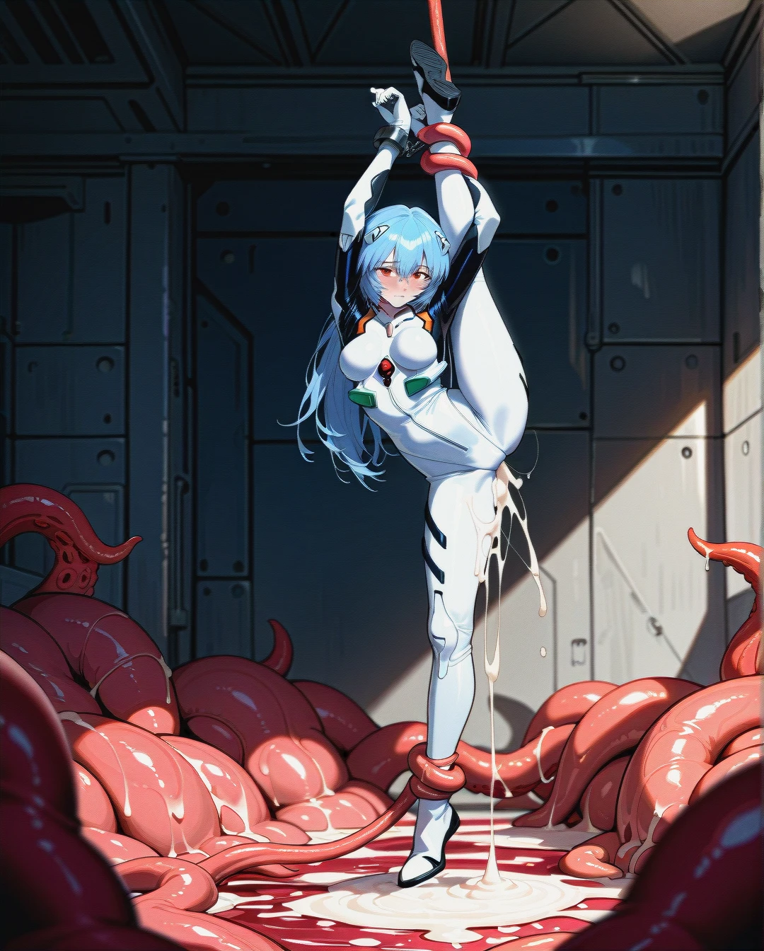 @ayanami_rei , long hair, (embarrassed), torned suit (arms_up) handcuff, suspended, closed (leg_lift) , ( tentacles legs bondage), , ,(cum_bath) cum (cum_pool)