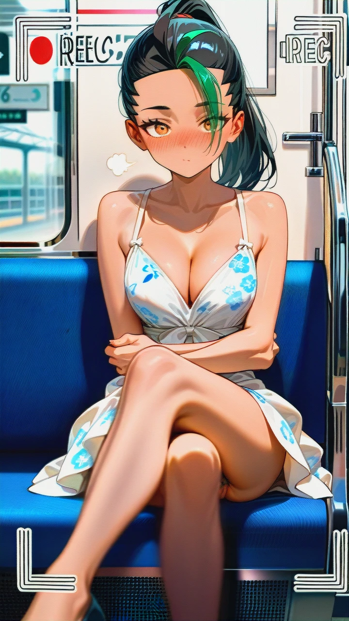 (vagina) (skinny) (seductive_sitting) (open_dress) (puffy_pussy) (black_backpack) (updress) (knees_skirt) (train) (crossed_legs) (distracted) (pointy_breasts) (dutch_angle) (crowded_train) (surprised) (looking_down) (blur_behind) (shadow_silhouettes_behind) (dot_mouth) (confused) (phone_recording) (pussy_focus) (suspicious_eyebrows) (nose_blush) (floral_dress) (cleavage) (pussy_with_pubic_hair) (thinking) (wide_shot) @nemona (crossed_legs) (crossed_arms) (underthighs) (ultra_detailed) (HD)