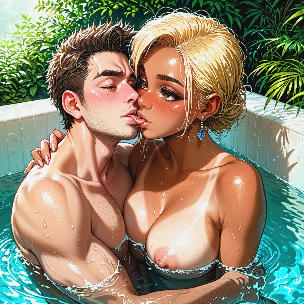 1girl, blonde, tan skin, brown eyes, (blush), ling (eyelashes), (eyeliner), girl suck man's nipple,, lovely face, beautiful, natural beauty, full tan skin, no tanline, in bath with water, (cuddling_handjob), (reverse_nursing_handjob)