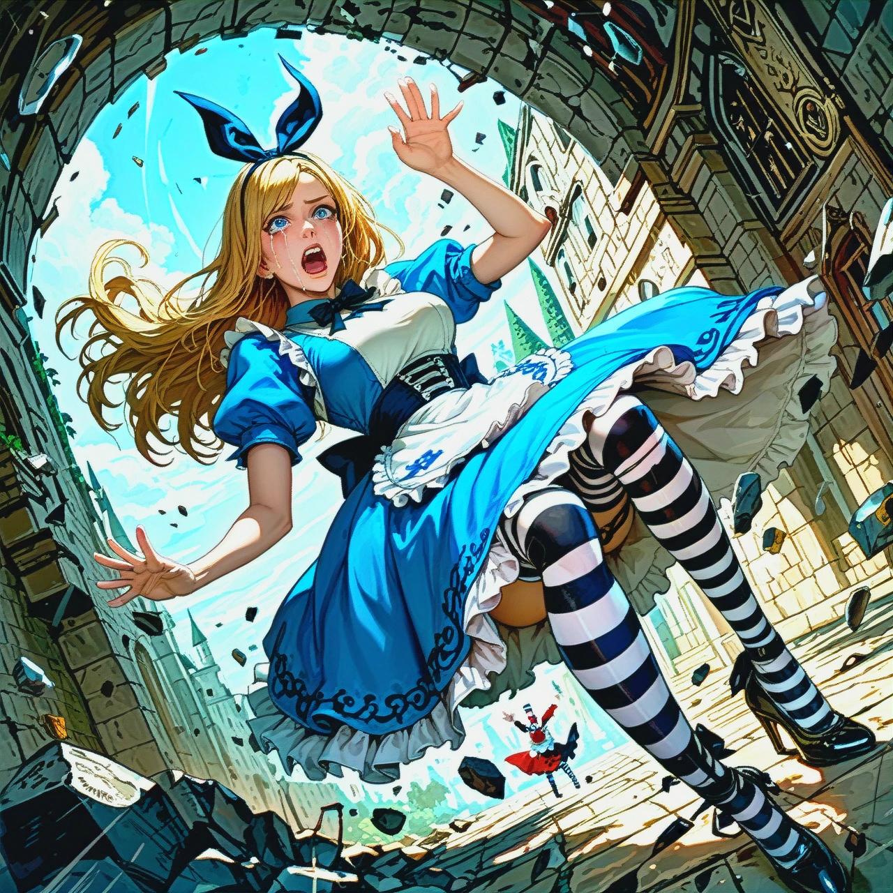 @alice is lying on her back, flying down in the air, waving her legs, screaming, crying, her hair is developing, her dress is developing, striped stockings, high-heeled shoes, a deep dark vertical stone tunnel.