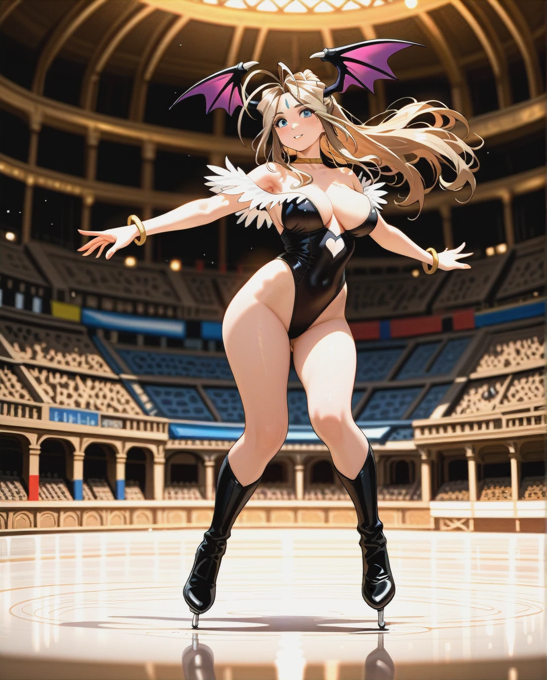 1girl,@belldandy,@morrigan_aensland Cosplay,Figure Skating,spin,jump,detailed eyes,skatelink,colosseum,