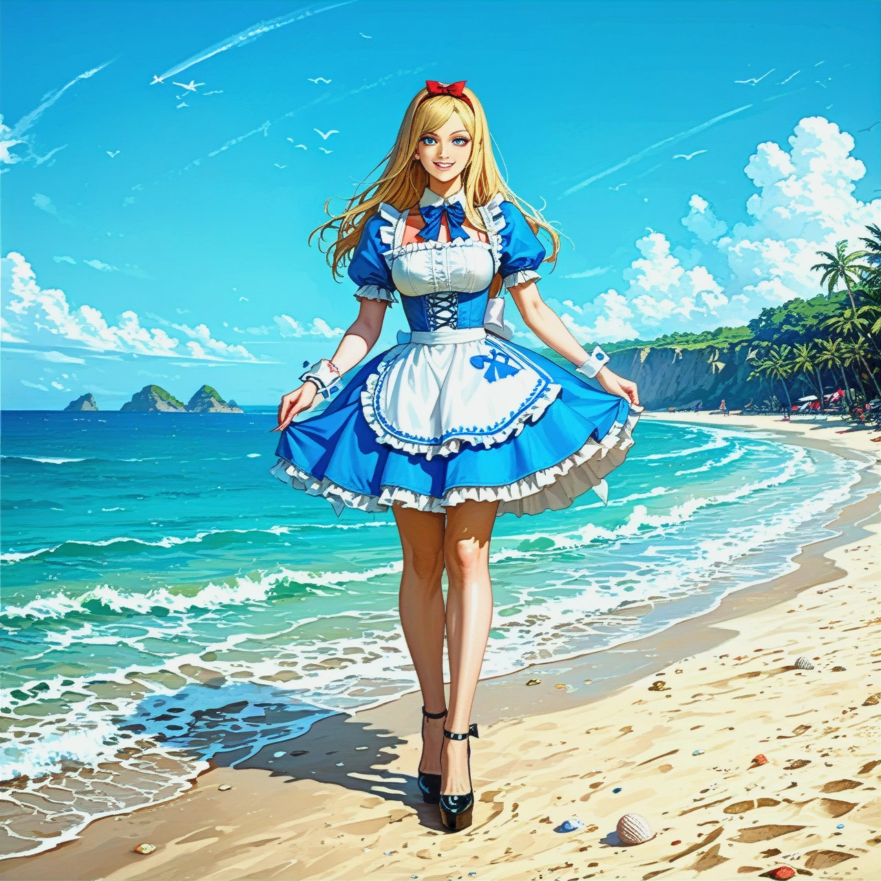 @alice  is dressed in a bikini, standing on the beach, smiling, high-heeled shoes.