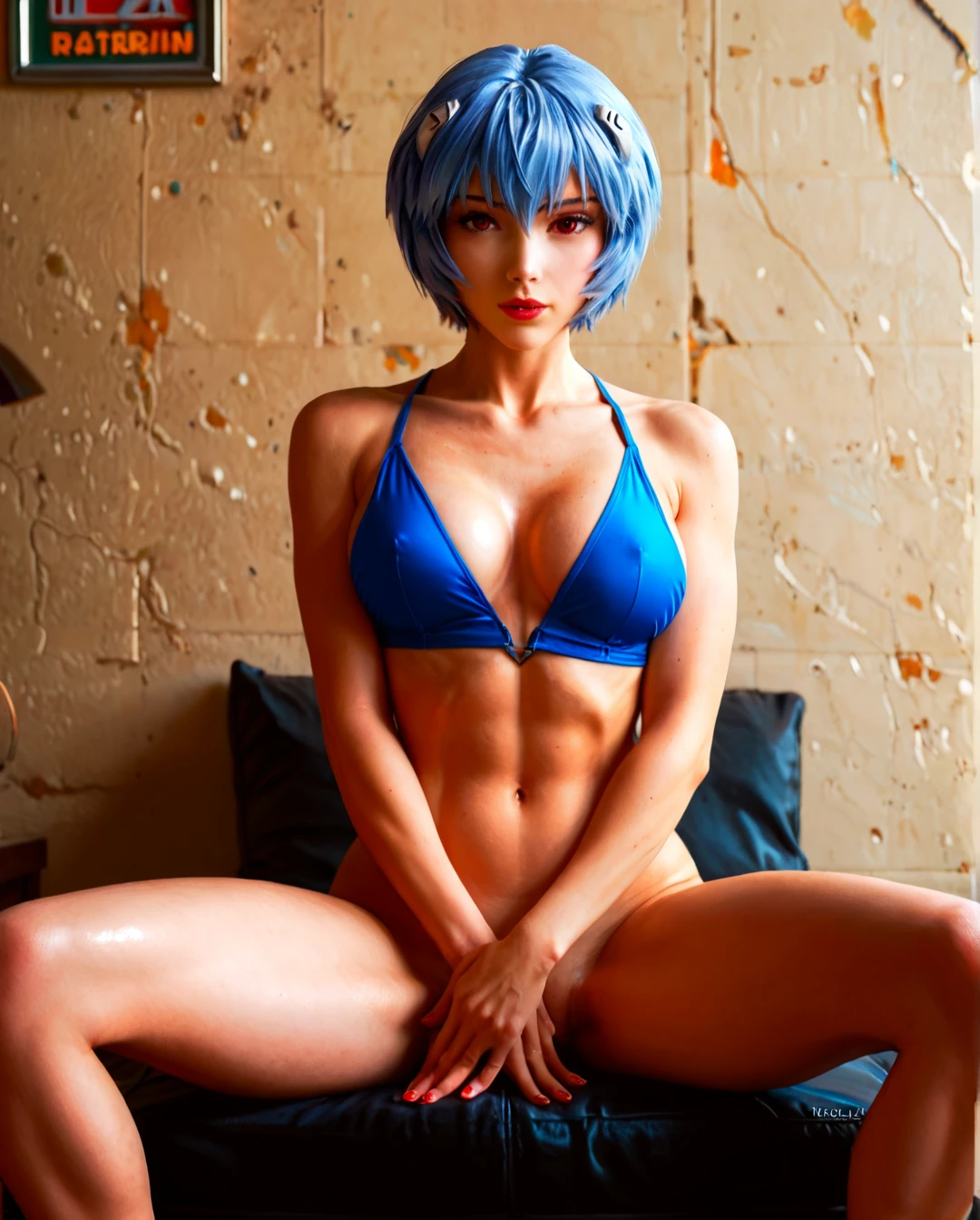 @ayanami_rei torned costume, hands (arms_up) cuffed, (spread_legs)