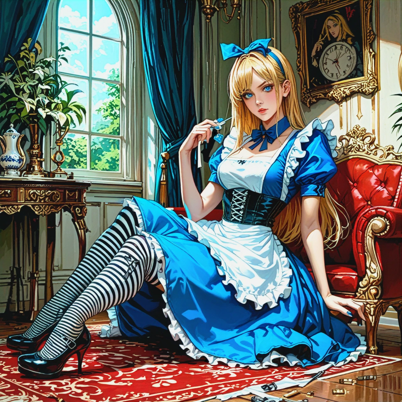 @alice, naked, black corset, white apron, striped stockings, high-heeled shoes, tidying up the bedroom.