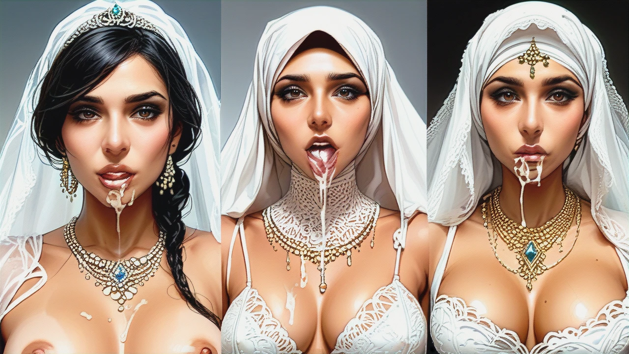 Cinematic photo of one woman, 18-year-old muslim bride, the face of arab princess, hijab, no_bride's veil, dark hair, very long wavy hairstyle, long elegant chic wedding dress made of white satin and lace, deep neckline, medium breasts are open with thick swollen nipples, necklace with diamonds, deepthroat, blowjob, cum_in_pussy, vaginal, strong desire for sex in her eyes, in nylon stockings.