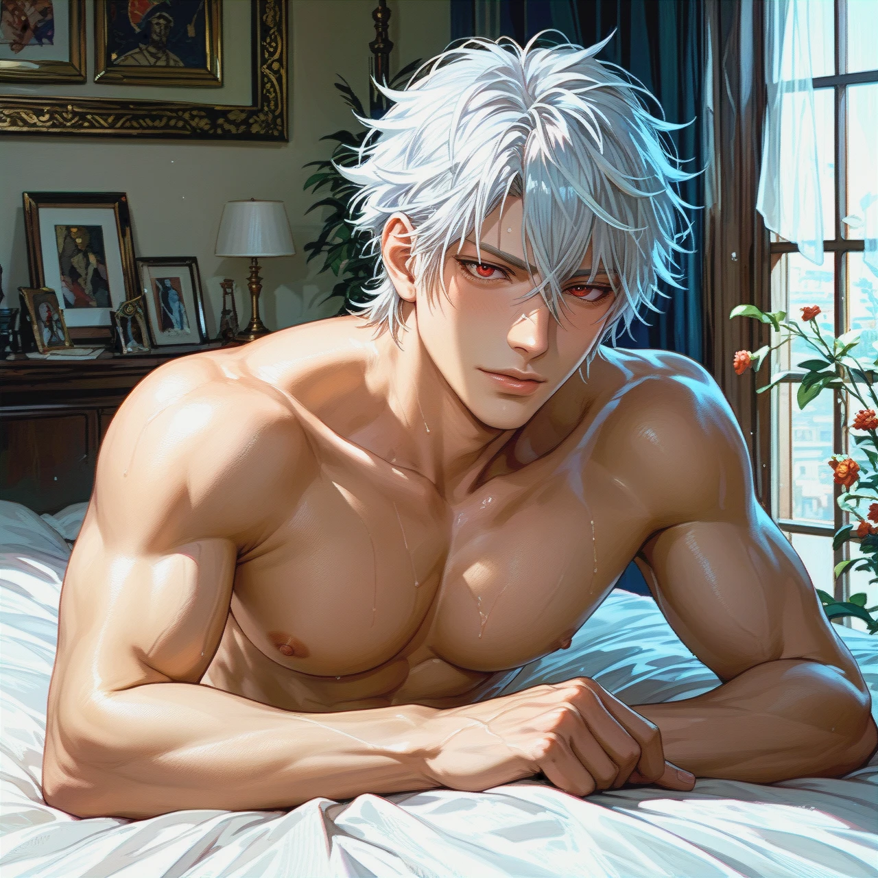 @sakata_gintoki in bed, naked, male body, man, solo, gay