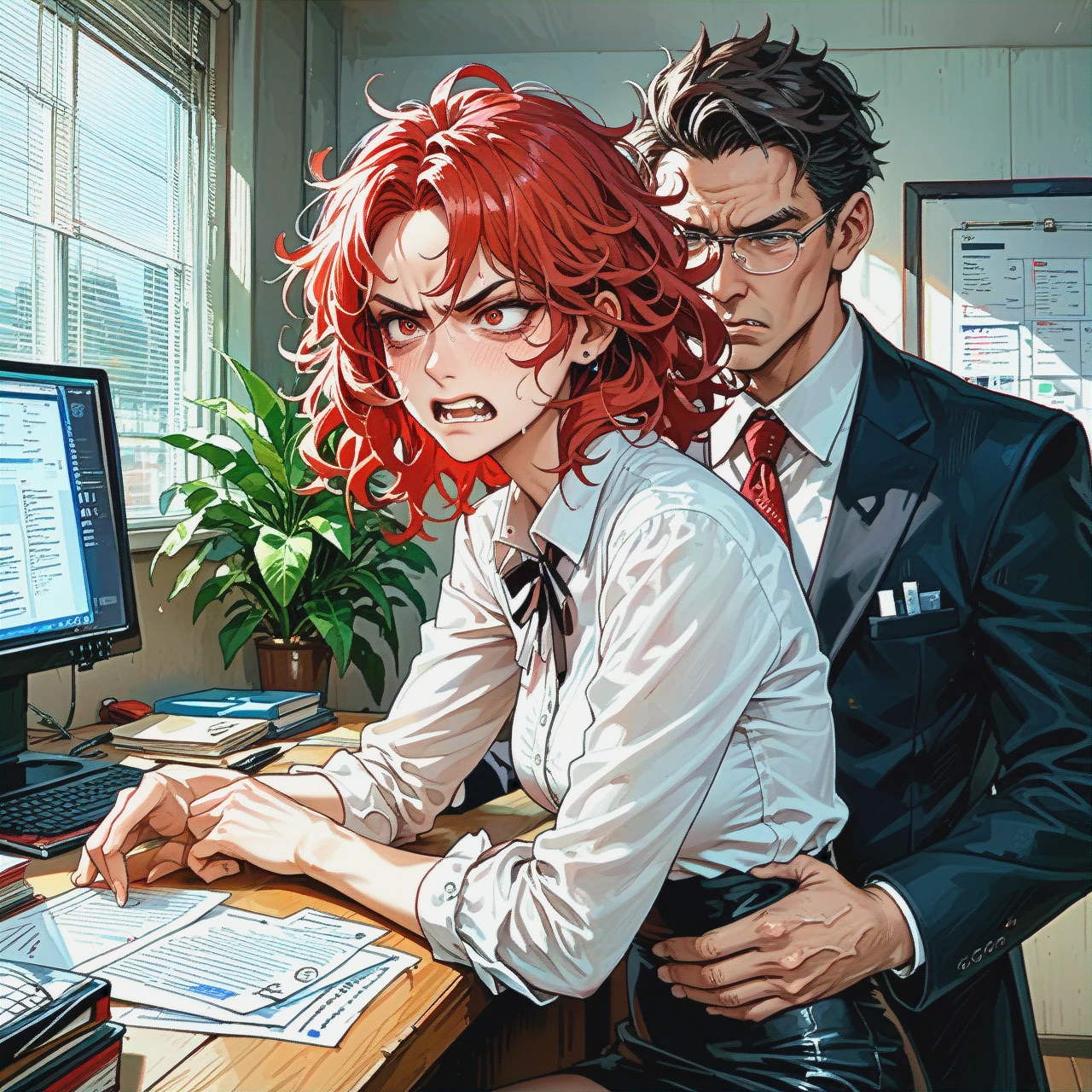 Red head, wavy hairs,  blouse, sitting at office, 1_borl, 1_boy, molastation, (angry) , hip grab