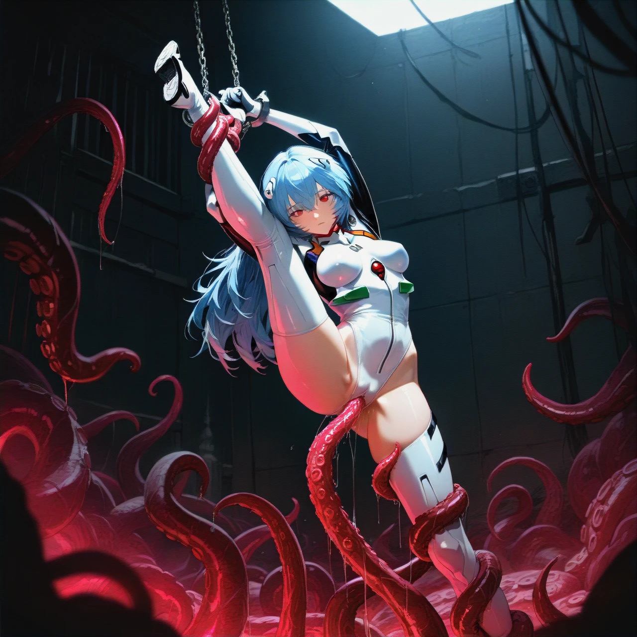 @ayanami_rei , long hair, tirnedblack uniform (arms_up) handcuff, suspended, closed (leg_lift) , ( tentacles legs bondage)