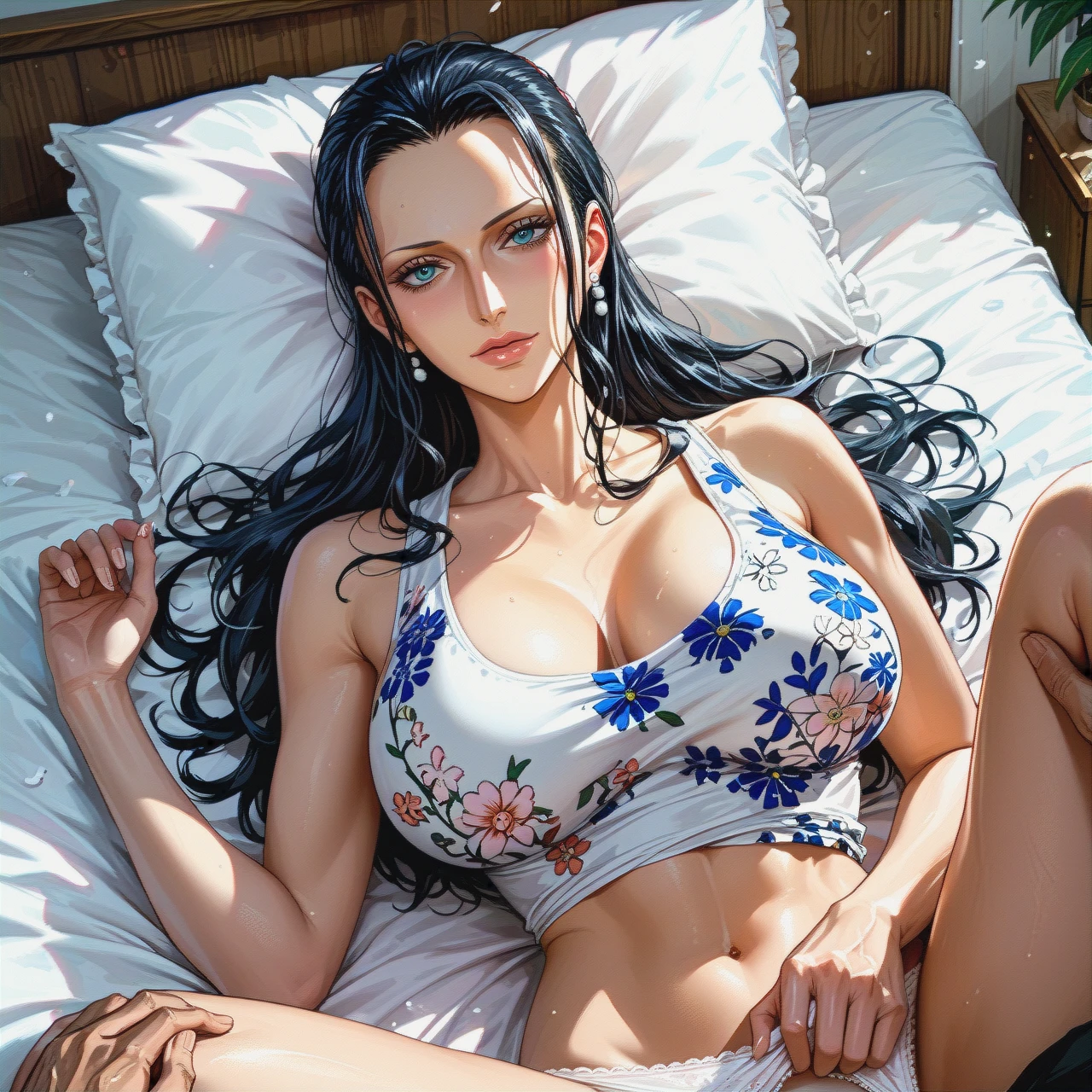 Nico Robin,mature, missionary ,on bed, pulled up crop tank top white floral, panties,floral, , pulled back hairstyles, show up chest