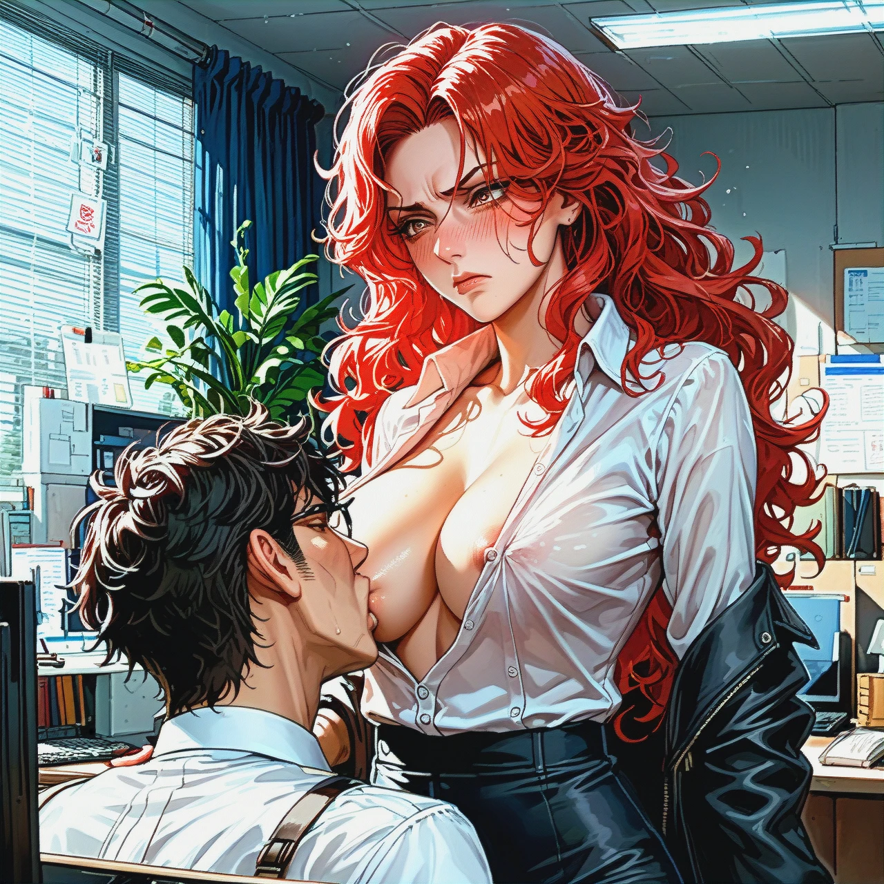 Red hair, wavy hair, office, (nipple_slip) , (breast_sucking) , 1 boy, 1 girl, nipple in mens mouth, (disgust), (full_blush), (sideways_glance) , standing, sweated, sigh