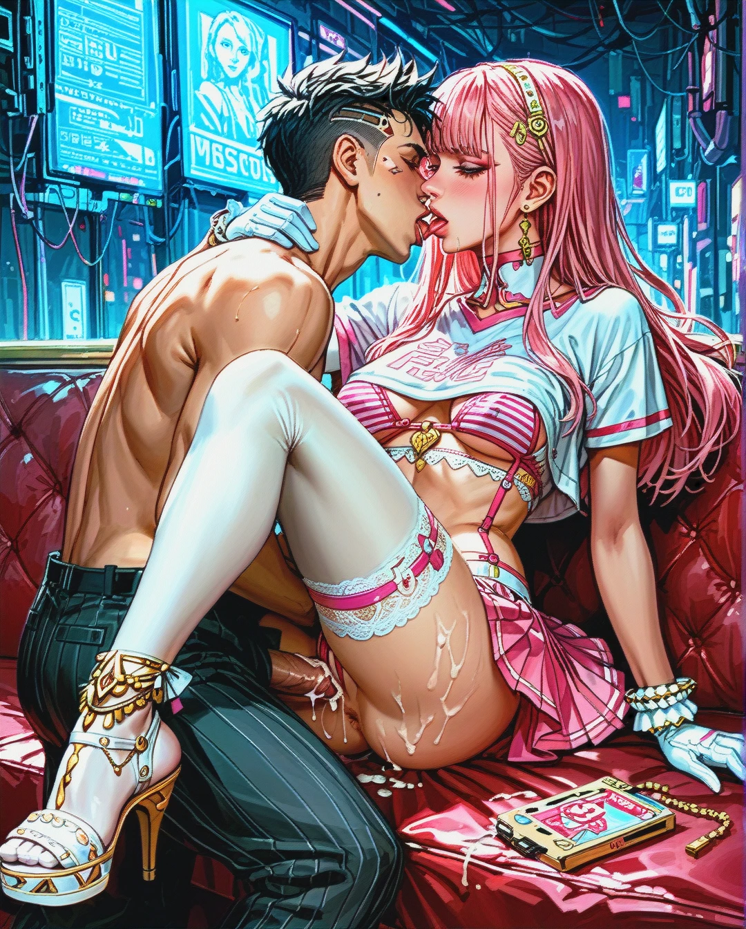 1girl,1boy, a girl with a man blowjob, licking_nipple, cum_on gloves, exposed_anus,mouth_open,slim_ankles, pink_crop top,anklets,gold_jewelry,embrace,sandals, pleated_skirt,white_socks,beaded_jewelry,striped_bikini,high-heels, pink_tshirt,white_stockings,lace_lingerie,thigh_boots, cyberpunk, Anime, dark_studio, ayanami