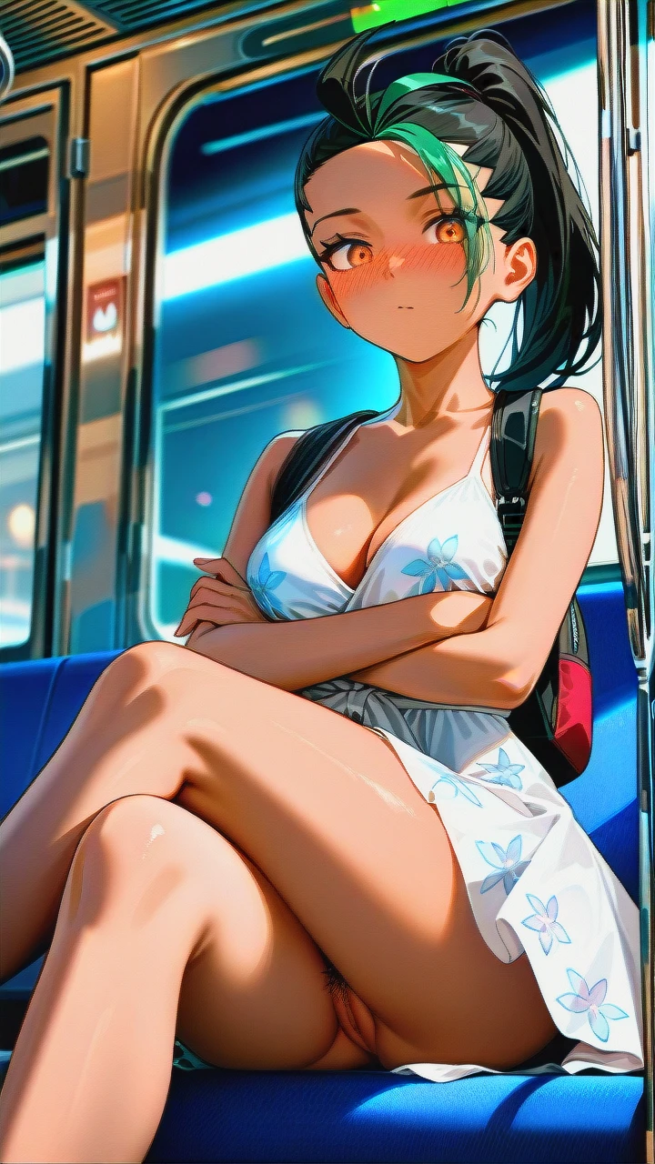 (vagina) (skinny) (seductive_sitting) (open_dress) (puffy_pussy) (black_backpack) (updress) (knees_skirt) (train) (crossed_legs) (distracted) (pointy_breasts) (dutch_angle) (crowded_train) (surprised) (looking_down) (blur_behind) (shadow_silhouettes_behind) (dot_mouth) (confused) (pussy_focus) (nose_blush) (floral_dress) (cleavage) (pussy_with_pubic_hair) (thinking) @nemona (crossed_legs) (crossed_arms) (underthighs) (ultra_detailed) (HD)