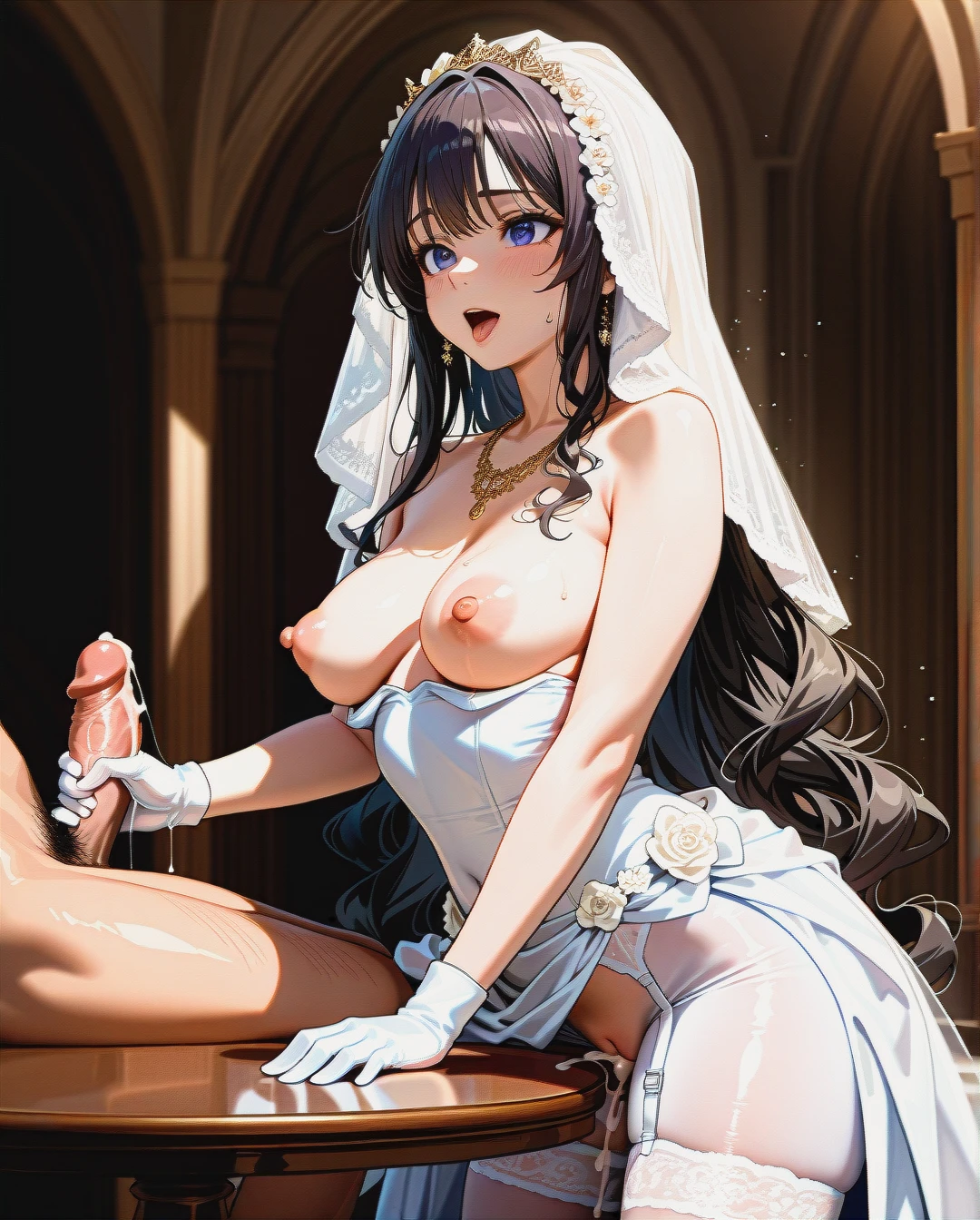 photo of woman, 18-year-old muslim bride, the face of arab princess, wear hijab, dark hair, very long wavy hairstyle, long elegant chic wedding dress made of white satin and lace and no bride veil, deep neckline, medium_breasts are open with thick swollen nipples, necklace with diamonds, (table_humping),(double_handjob) , (after_vaginal), in nylon stockings.