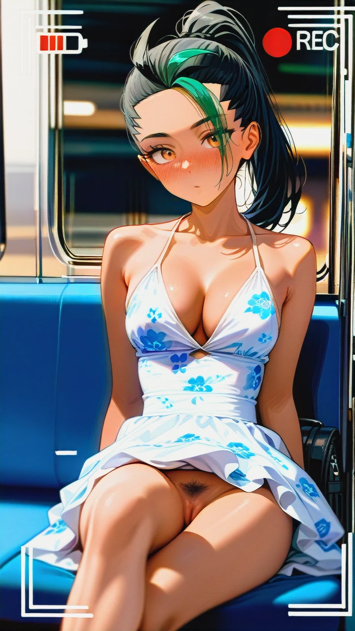 (vagina) (skinny) (seductive_sitting) (open_dress) (puffy_pussy) (black_backpack) (updress) (knees_skirt) (train) (crossed_legs) (distracted) (pointy_breasts) (dutch_angle) (crowded_train) (surprised) (looking_down) (blur_behind) (shadow_silhouettes_behind) (recording) (creepshot_style) (candid) (dot_mouth) (confused) (phone_recording) (pussy_focus) (suspicious_eyebrows) (nose_blush) (floral_dress) (hidden_camera_shot) (cleavage) (pussy_with_pubic_hair) (thinking) (wide_shot) @nemona (crossed_legs) (crossed_arms) (camera_flash_on)