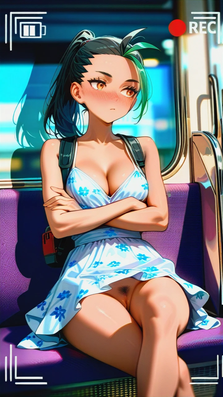 (vagina) (skinny) (seductive_sitting) (open_dress) (puffy_pussy) (black_backpack) (updress) (knees_skirt) (train) (crossed_legs) (distracted) (pointy_breasts) (dutch_angle) (crowded_train) (surprised) (looking_down) (blur_behind) (shadow_silhouettes_behind) (recording) (creepshot_style) (candid) (dot_mouth) (confused) (phone_recording) (pussy_focus) (suspicious_eyebrows) (nose_blush) (floral_dress) (hidden_camera_shot) (cleavage) (pussy_with_pubic_hair) (thinking) (wide_shot) @nemona (crossed_legs) (crossed_arms) (camera_flash_on)